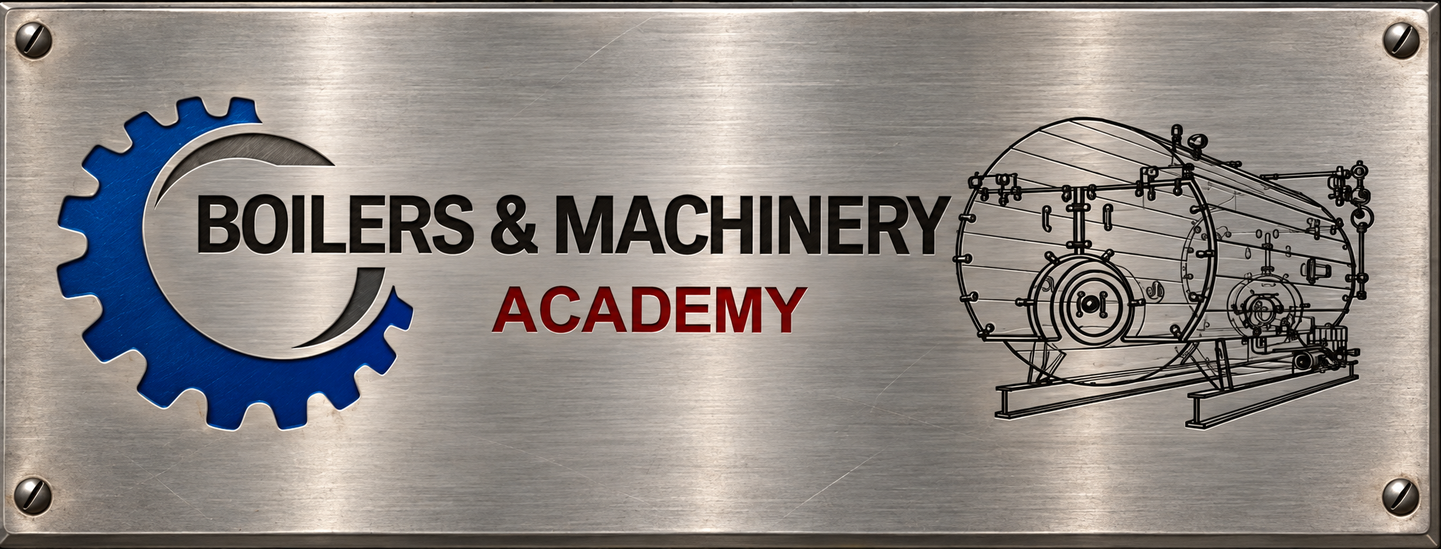 Boilers & Machinery Academy brushed-metal nameplate with blue gear and firetube boiler drawing